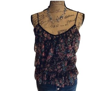 Body central black multicolored floral ruffle spaghetti strapped top
